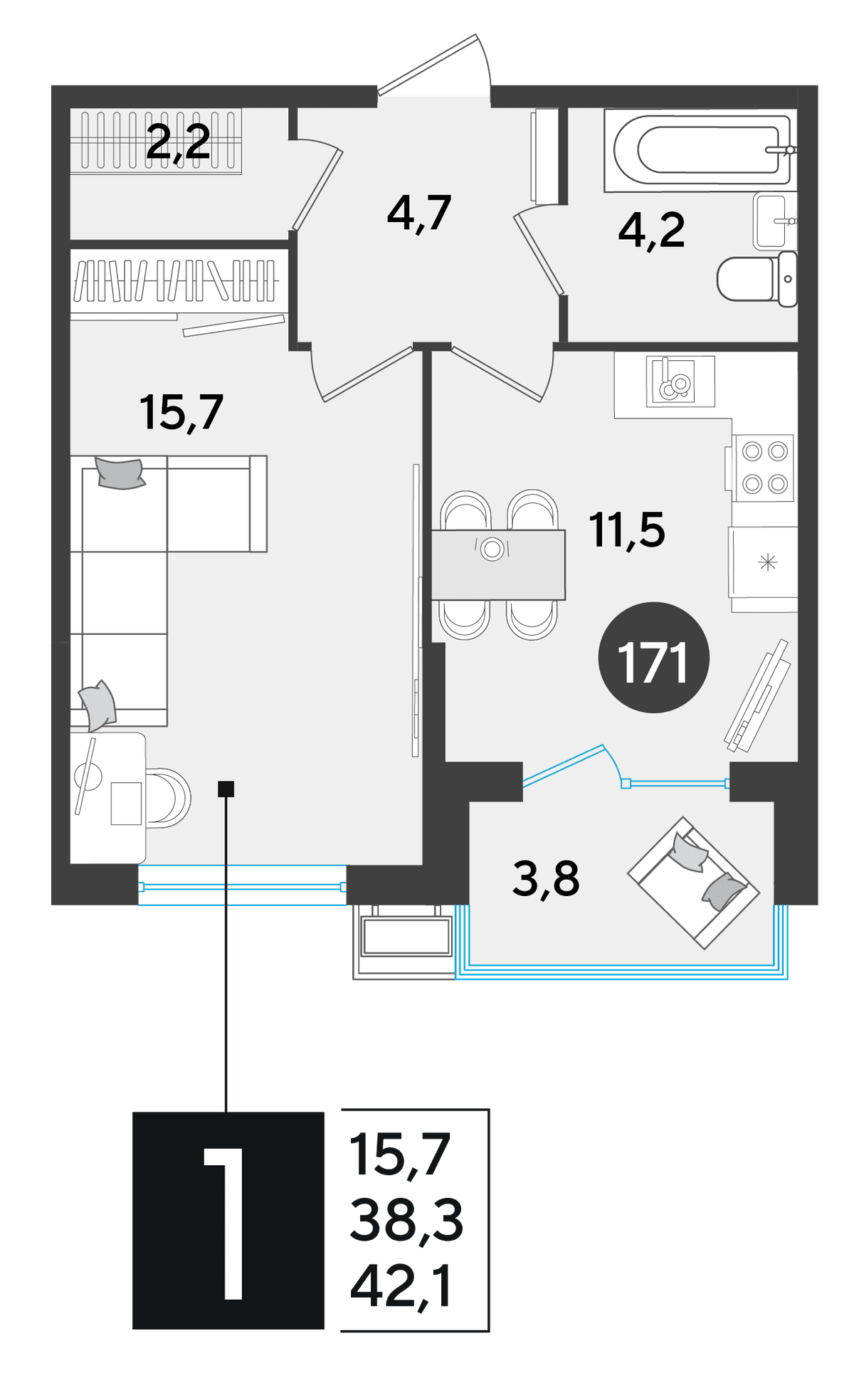 1-к, 42.1 м² · Парк Победы-2