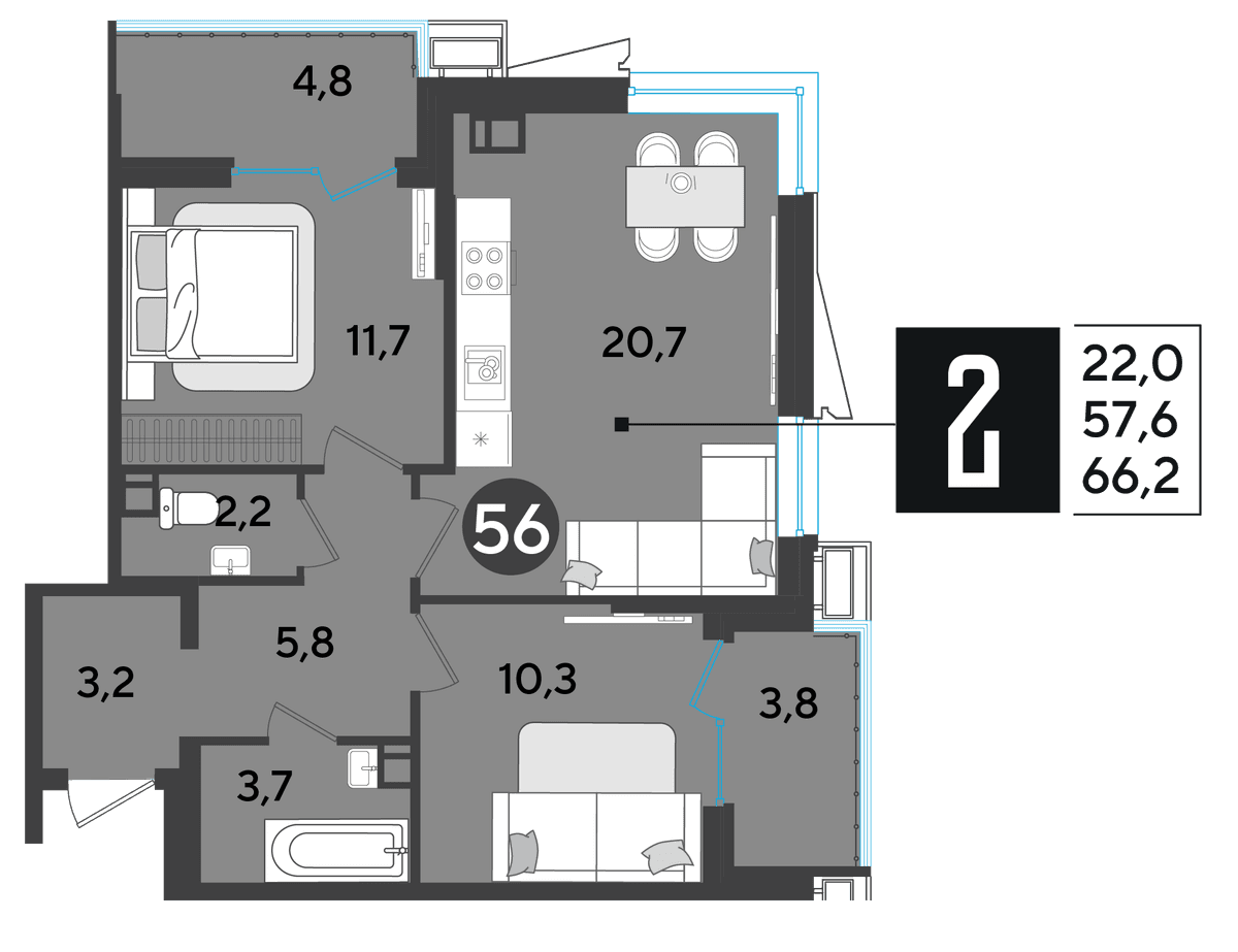 2-к, 66.7 м² · Парк Победы-2