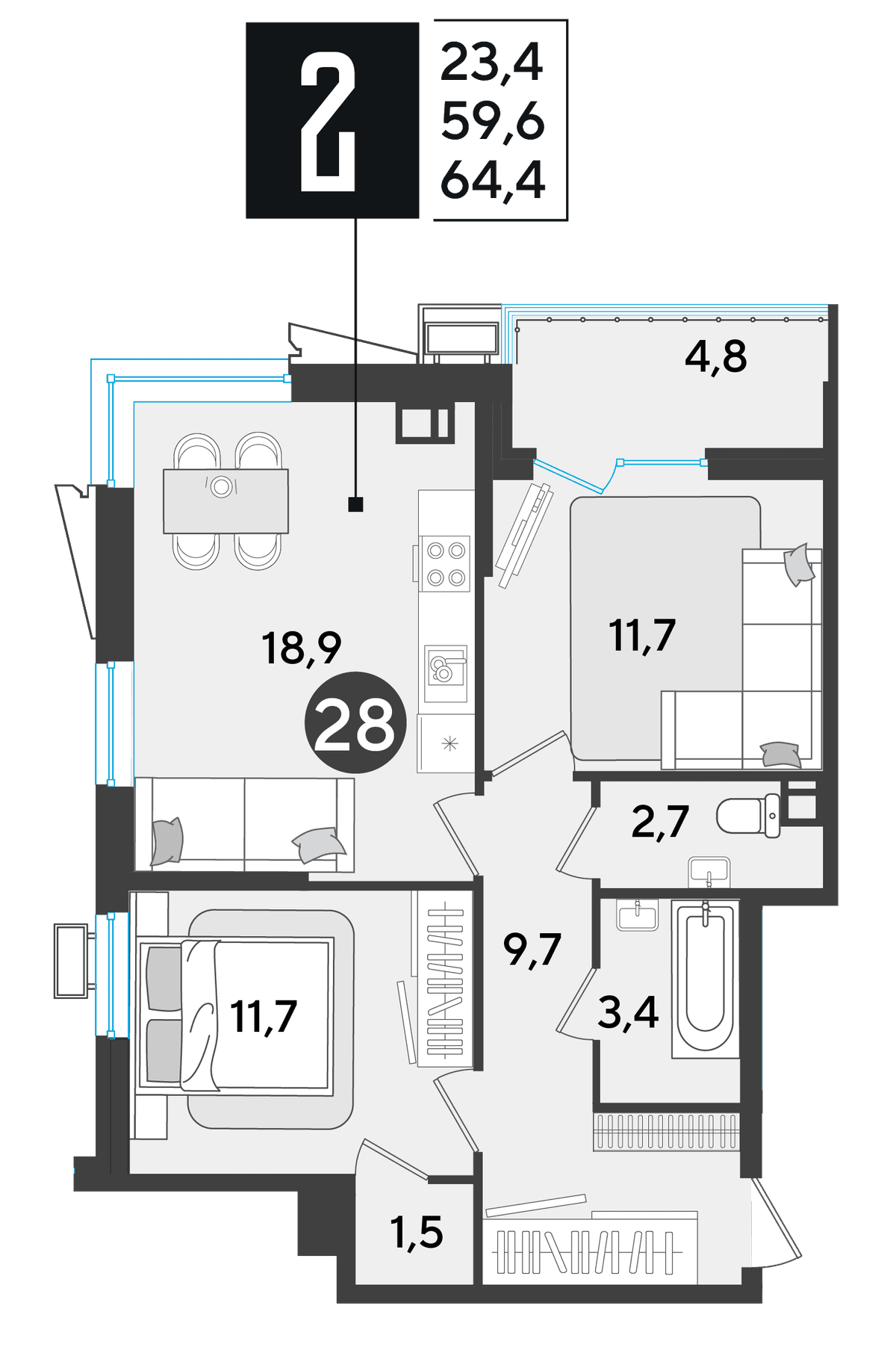2-к, 63.4 м² · Парк Победы-2