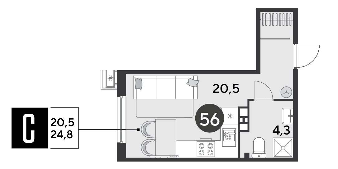 Студия, 24.8 м² · Парк Победы-2
