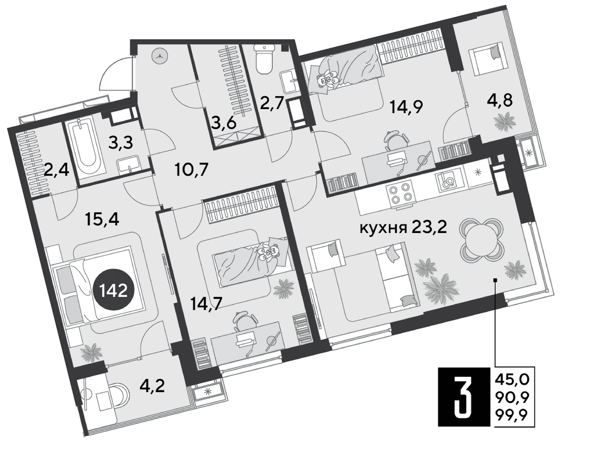 3-к, 99.9 м² · Парк Победы-2