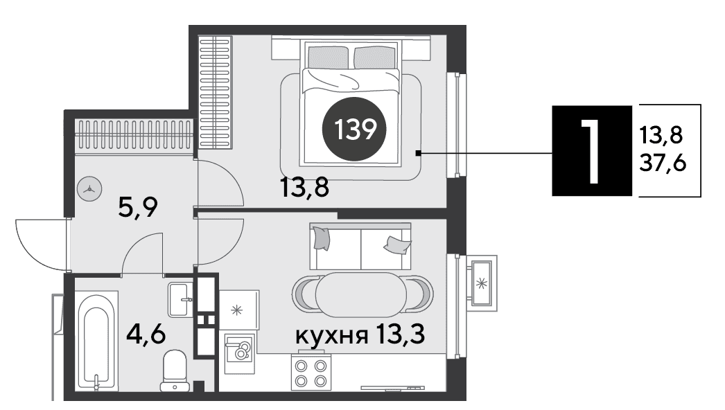1-к, 37.6 м² · Парк Победы-2