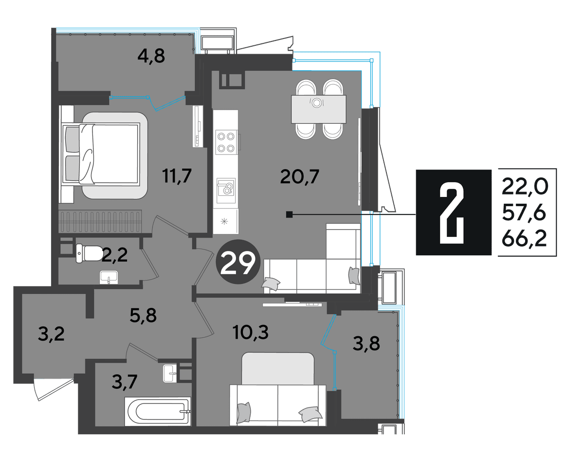 2-к, 66.3 м² · Парк Победы-2