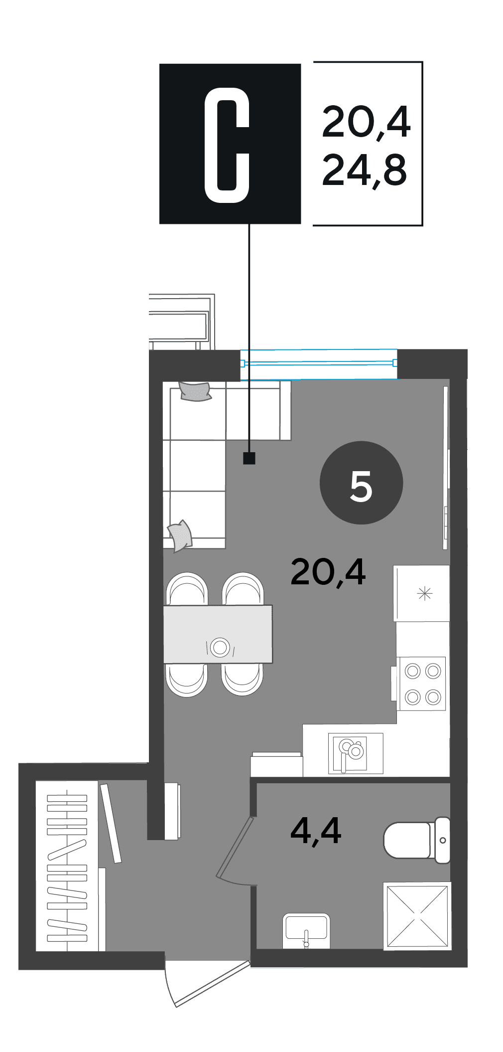 Студия, 24.8 м² · Парк Победы-2
