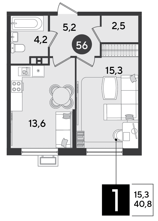 1-к, 40.8 м² · Парк Победы-2