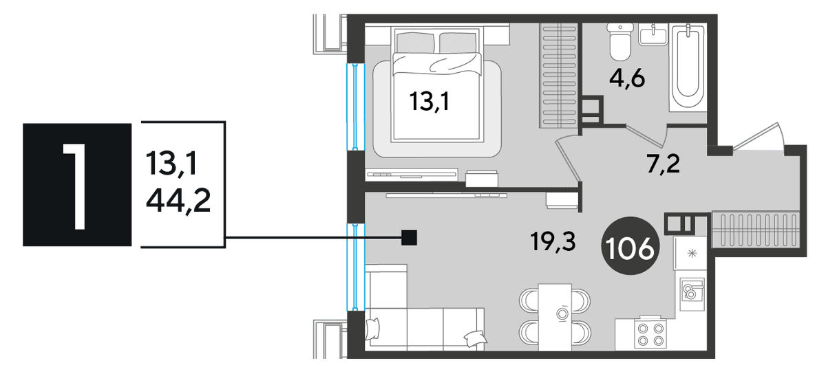 1-к, 44.2 м² · Парк Победы-2