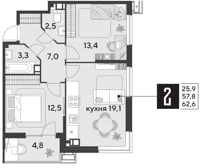 2-к, 62.3 м² · Парк Победы-2