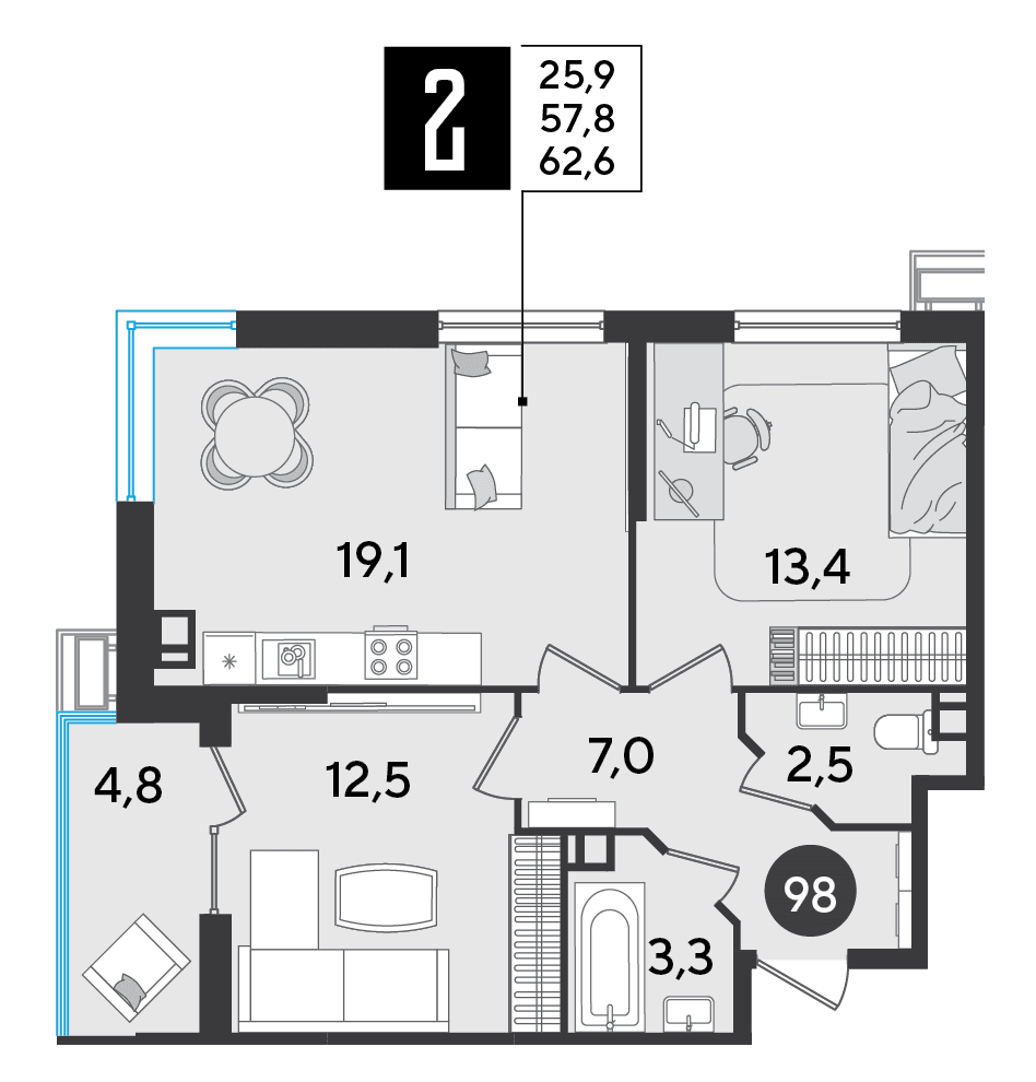 2-к, 62.6 м² · Парк Победы-2