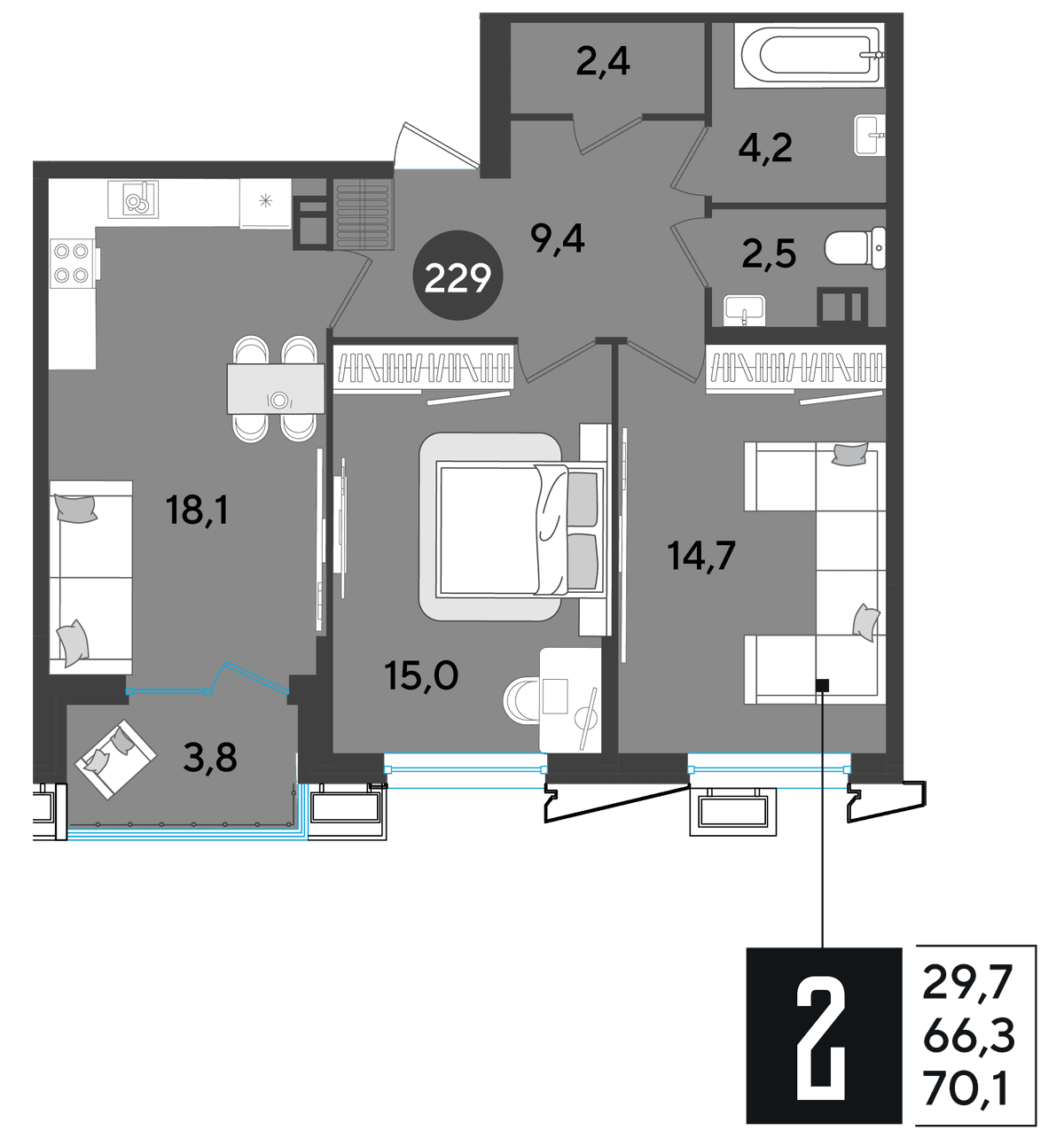 2-к, 70.3 м² · Парк Победы-2