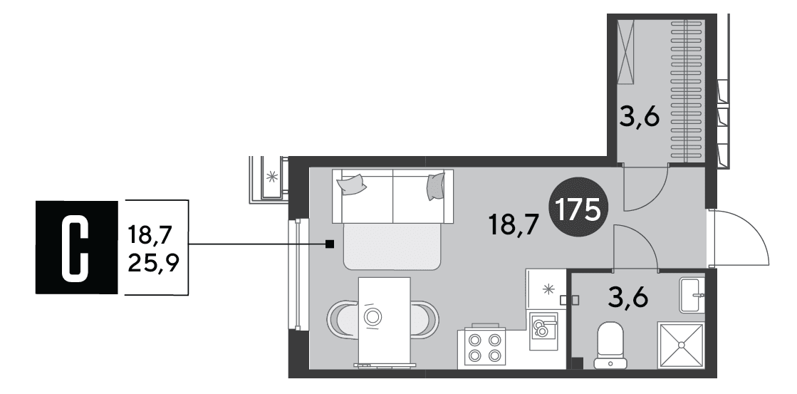Студия, 25.9 м² · Парк Победы-2