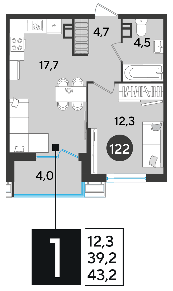 1-к, 43.2 м² · Парк Победы-2
