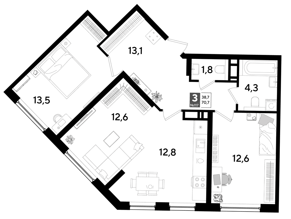 3-к, 70.8 м² · DОГМА ПАРК