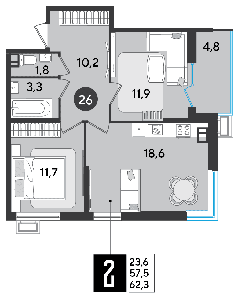 2-к, 62.3 м² · Парк Победы-2