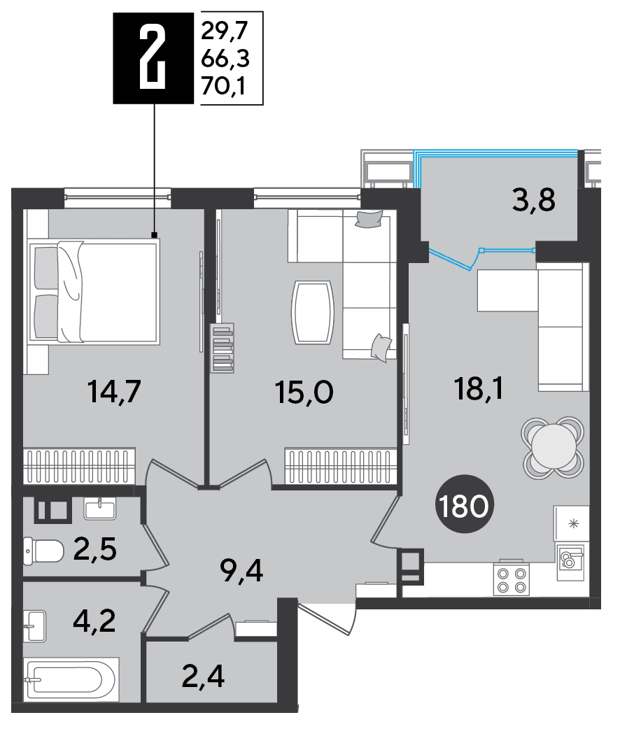 2-к, 70.1 м² · Парк Победы-2