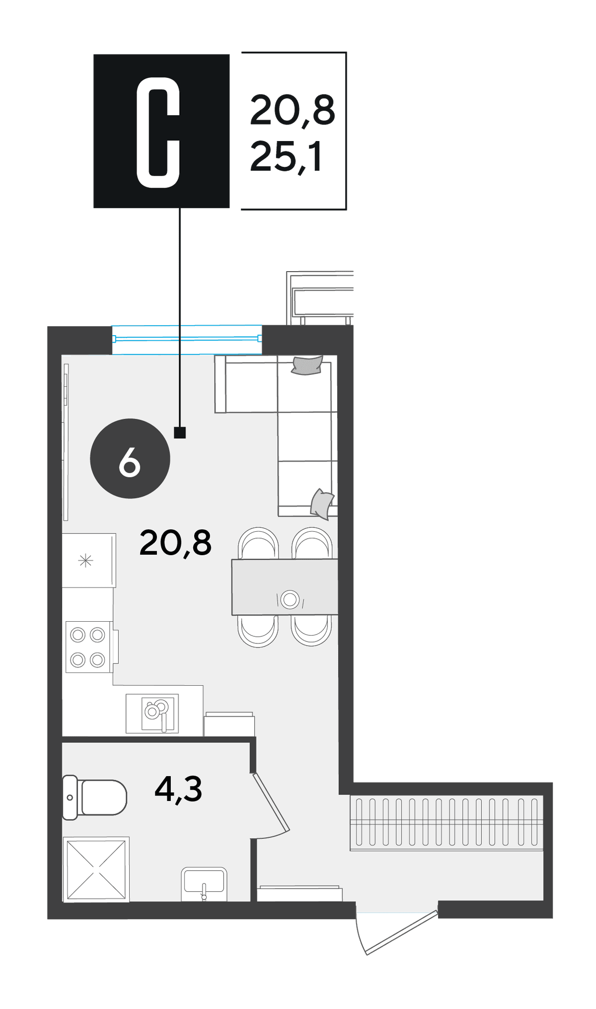 Студия, 25.1 м² · Парк Победы-2