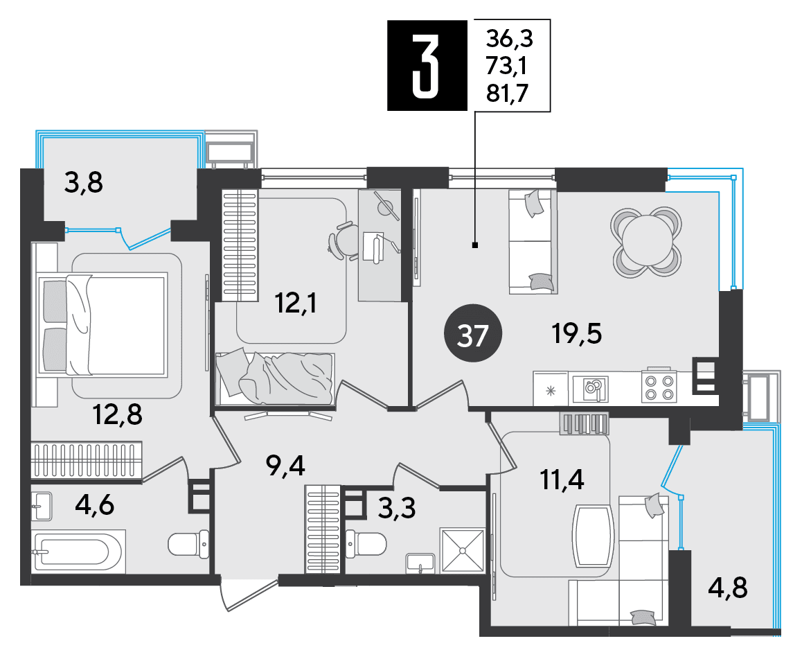3-к, 81.7 м² · Парк Победы-2
