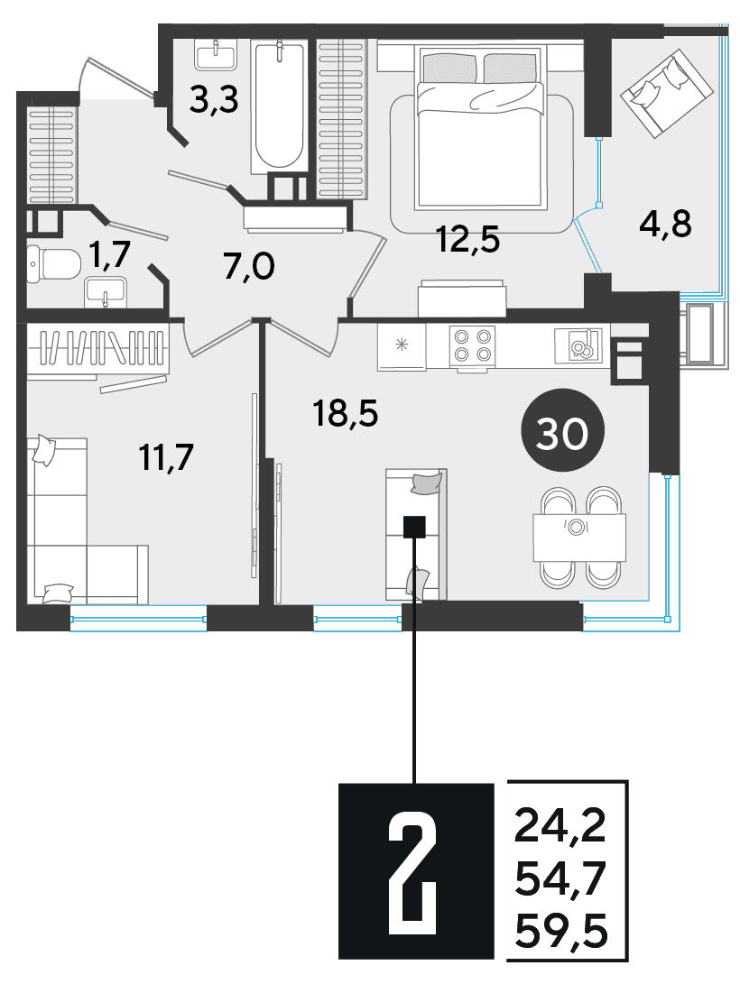 2-к, 59.5 м² · Парк Победы-2