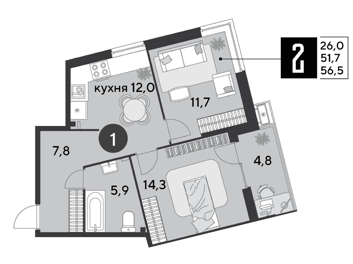 2-к, 56.5 м² · Парк Победы-2