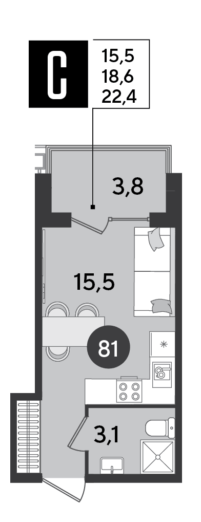 Студия, 22.4 м² · Парк Победы-2