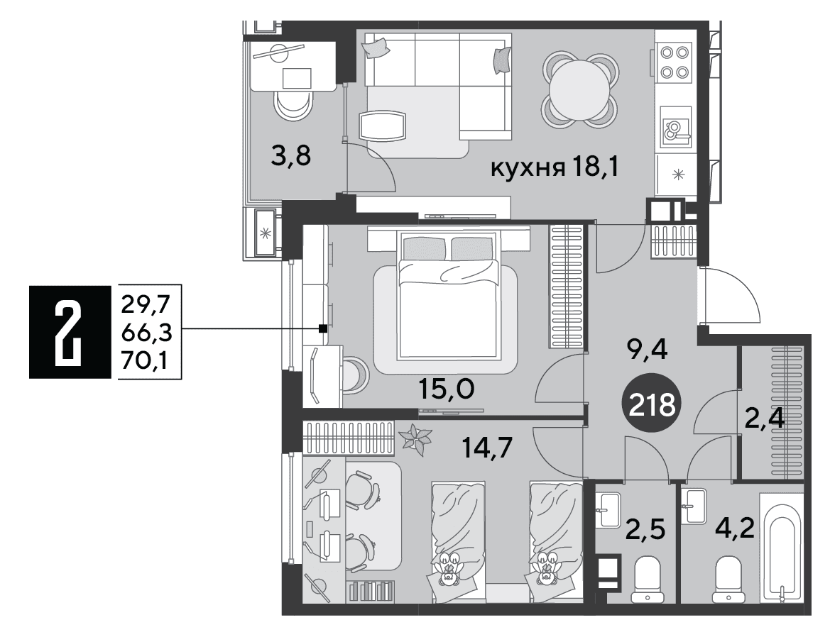 2-к, 70.1 м² · Парк Победы-2