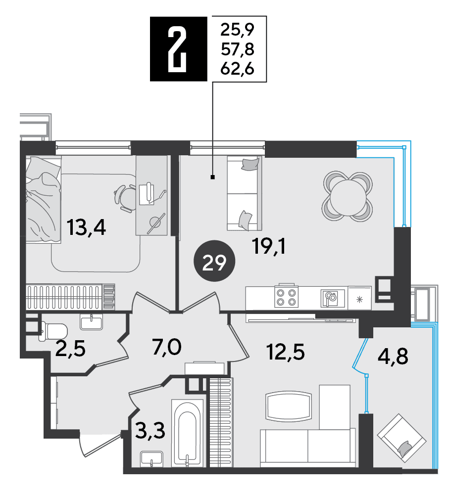 2-к, 62.6 м² · Парк Победы-2
