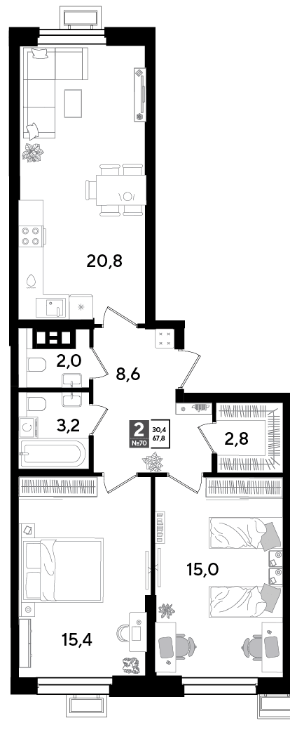 2-к, 67.2 м² · Парк Победы-2