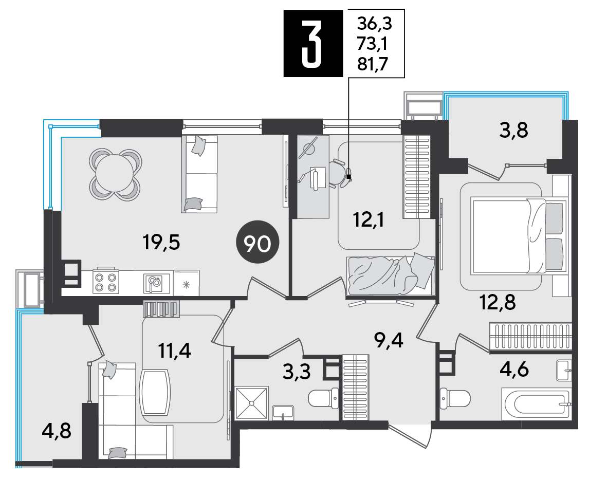 3-к, 81.7 м² · Парк Победы-2
