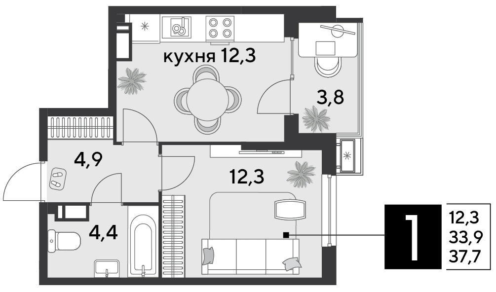 1-к, 37.7 м² · Парк Победы-2