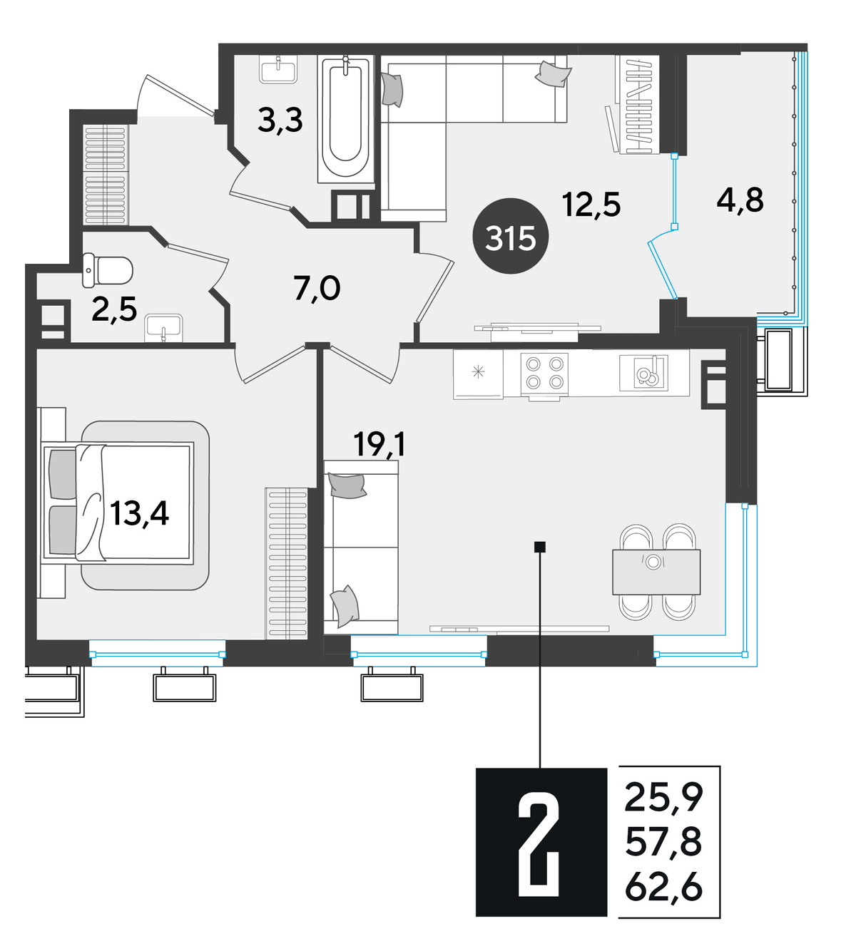 2-к, 62.6 м² · Парк Победы-2