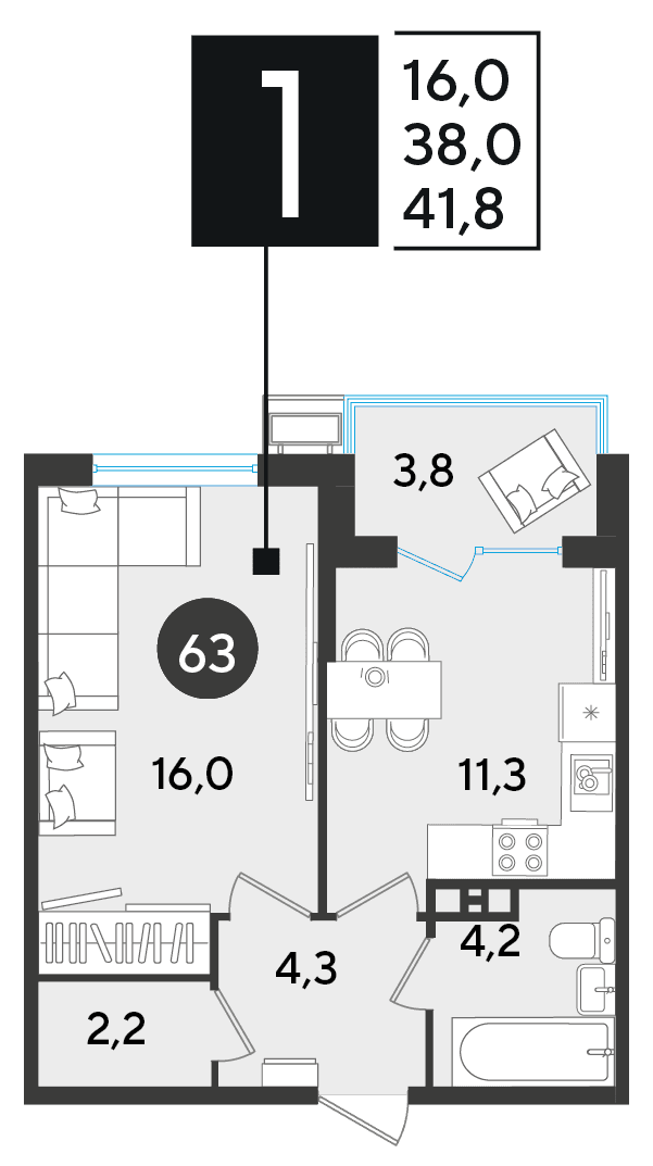 1-к, 41.8 м² · Парк Победы-2