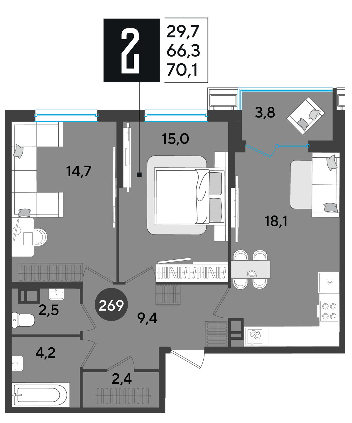 2-к, 70.1 м² · Парк Победы-2