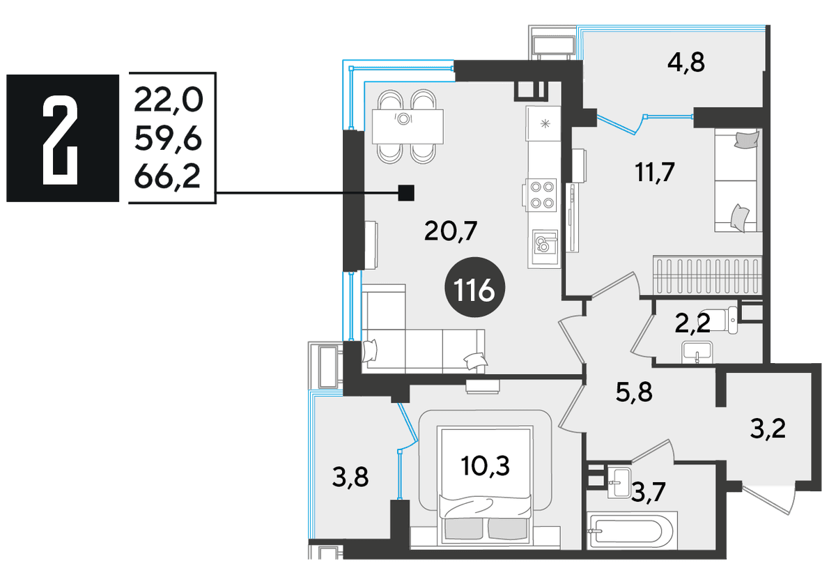 2-к, 66.2 м² · Парк Победы-2