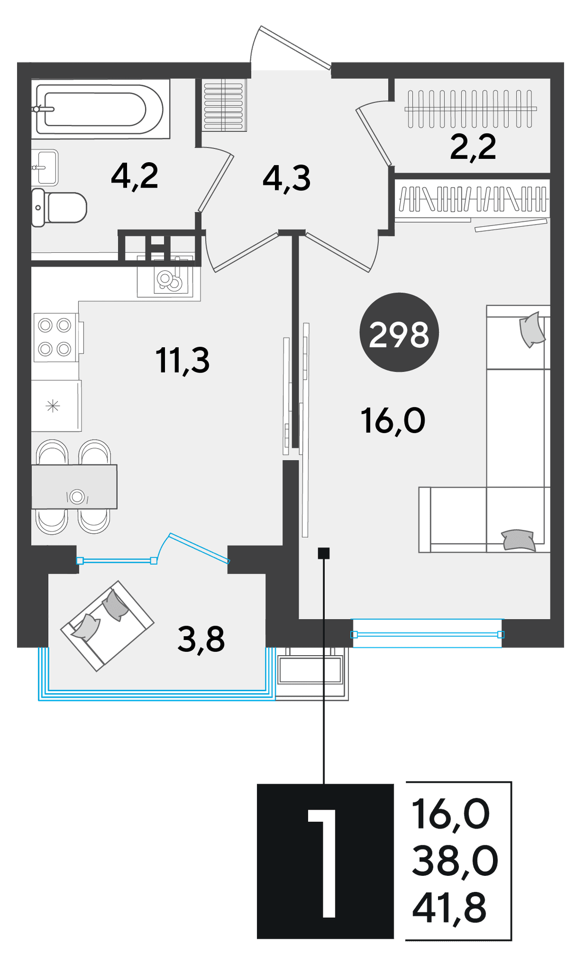1-к, 41.8 м² · Парк Победы-2