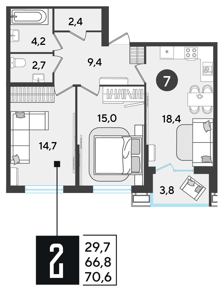 2-к, 70.6 м² · Парк Победы-2