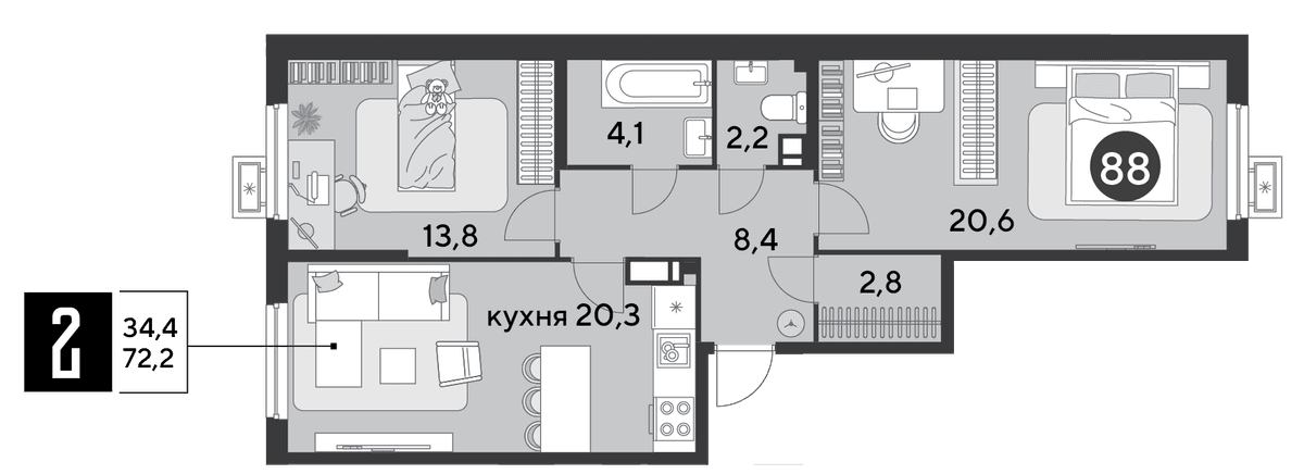 2-к, 72.2 м² · Парк Победы-2
