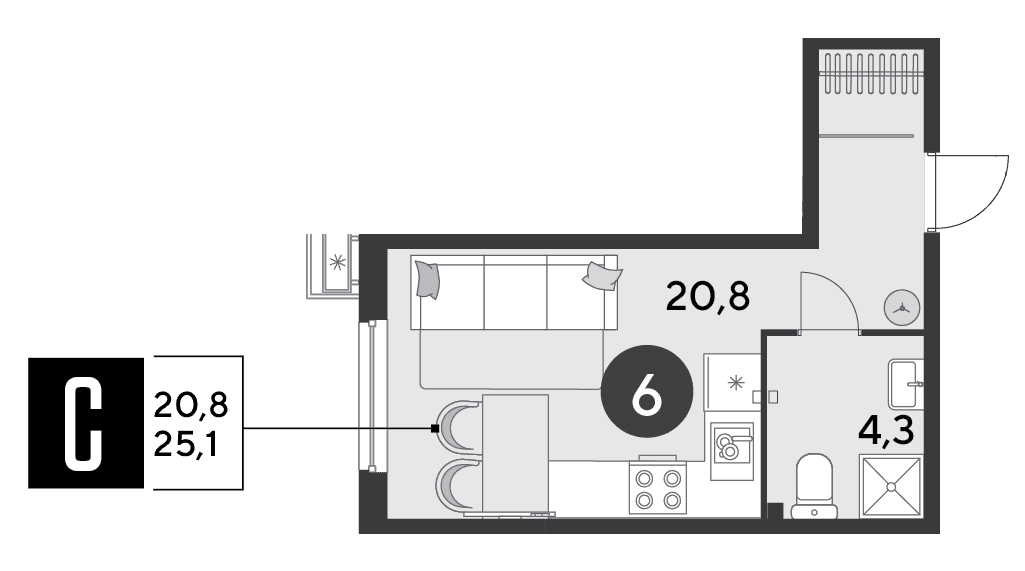 Студия, 25.1 м² · Парк Победы-2