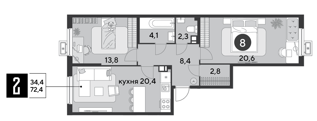 2-к, 72.4 м² · Парк Победы-2