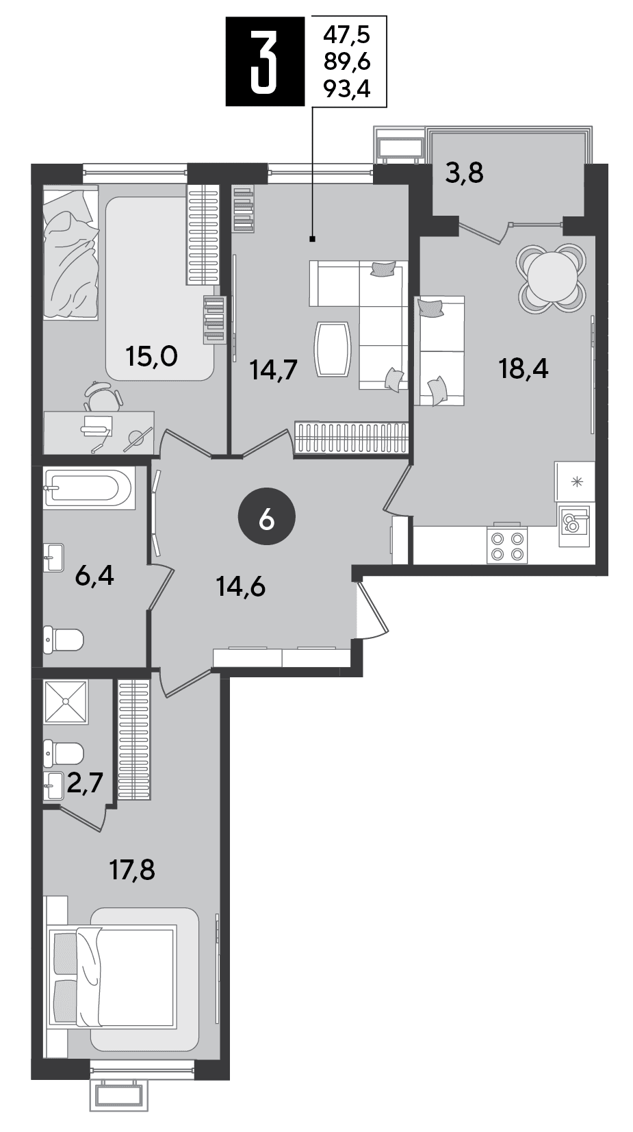 3-к, 93.4 м² · Парк Победы-2