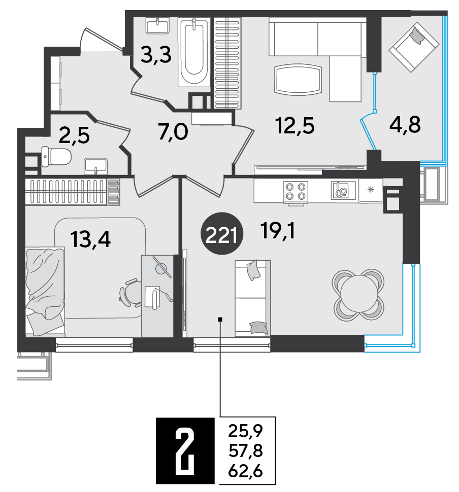 2-к, 62.6 м² · Парк Победы-2