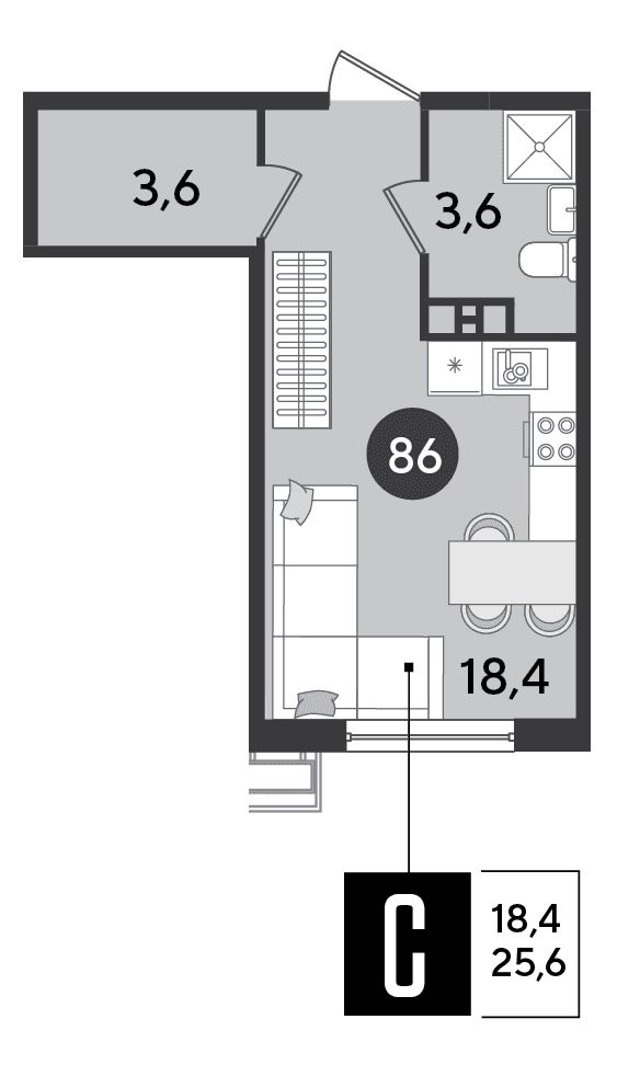 Студия, 25.6 м² · Парк Победы-2