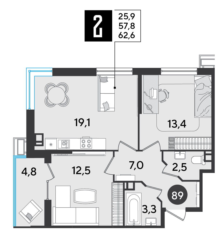 2-к, 62.6 м² · Парк Победы-2