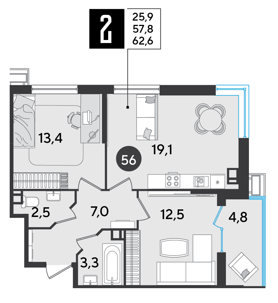 2-к, 62.6 м² · Парк Победы-2
