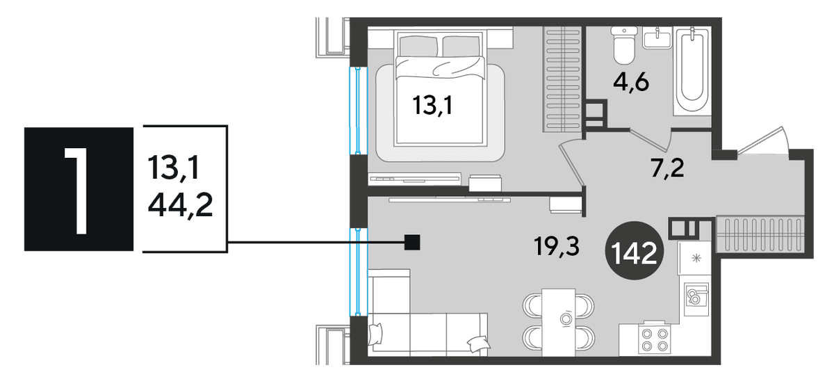 1-к, 44.2 м² · Парк Победы-2