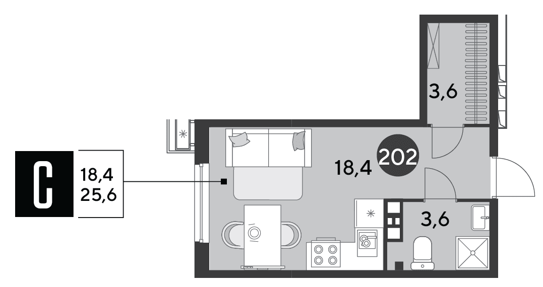 Студия, 25.6 м² · Парк Победы-2