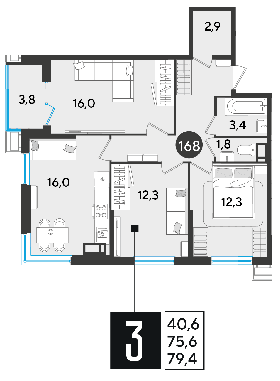 3-к, 79.4 м² · Парк Победы-2