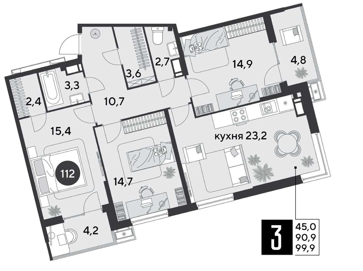 3-к, 99.9 м² · Парк Победы-2