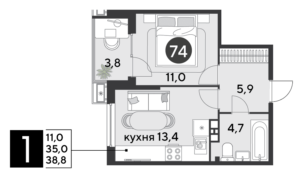 1-к, 38.8 м² · Парк Победы-2