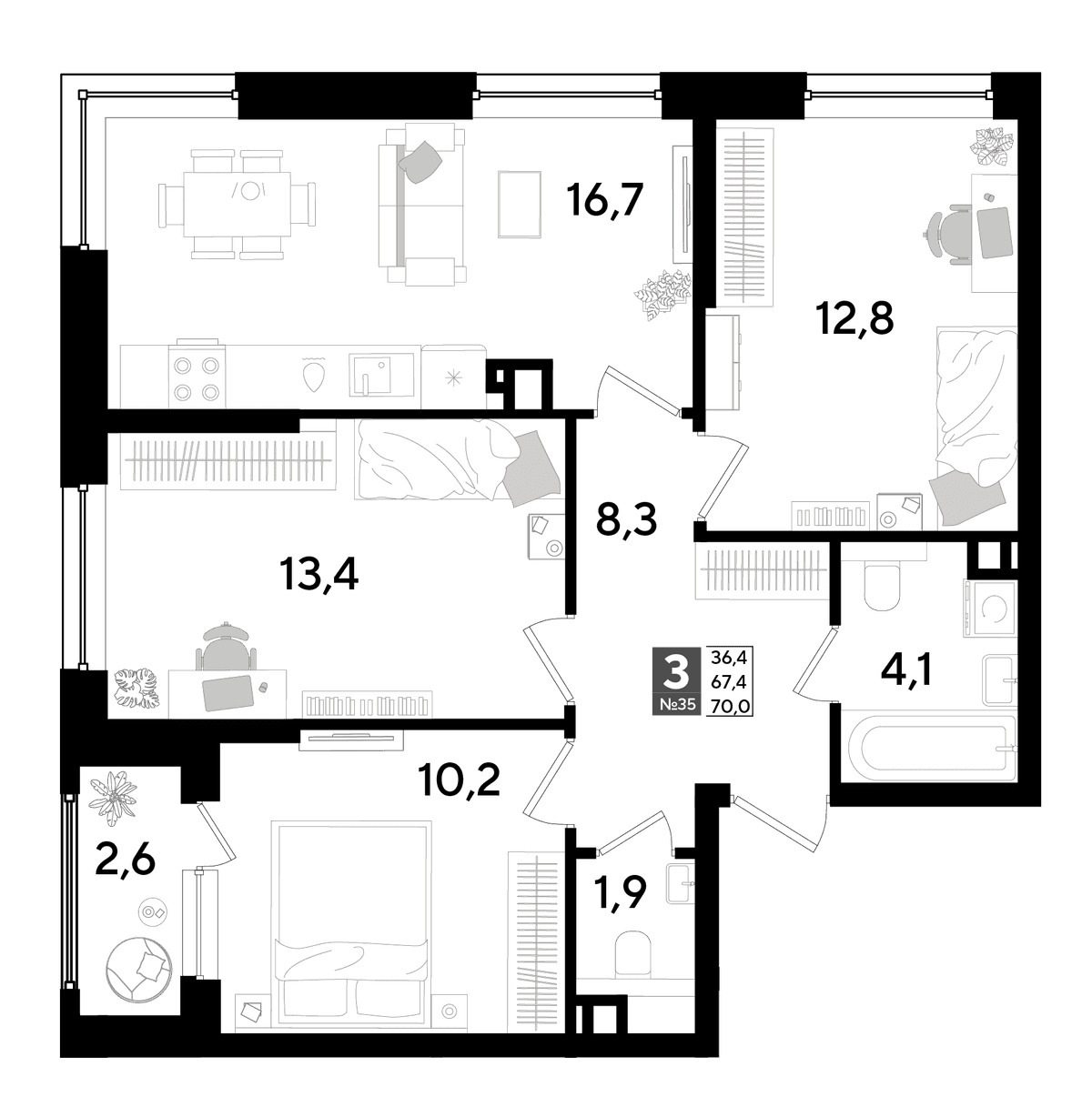 3-к, 70 м² · DОГМА ПАРК
