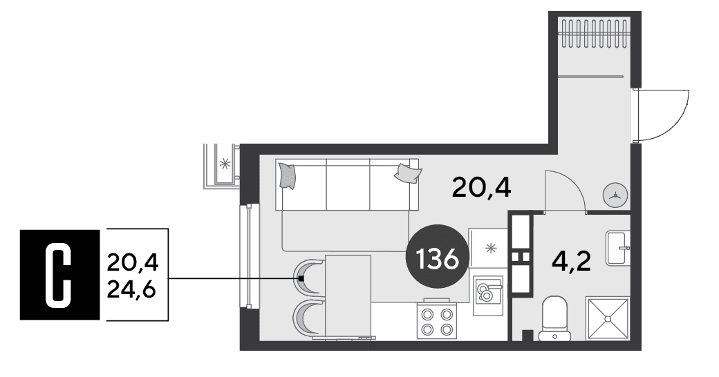 Студия, 24.6 м² · Парк Победы-2