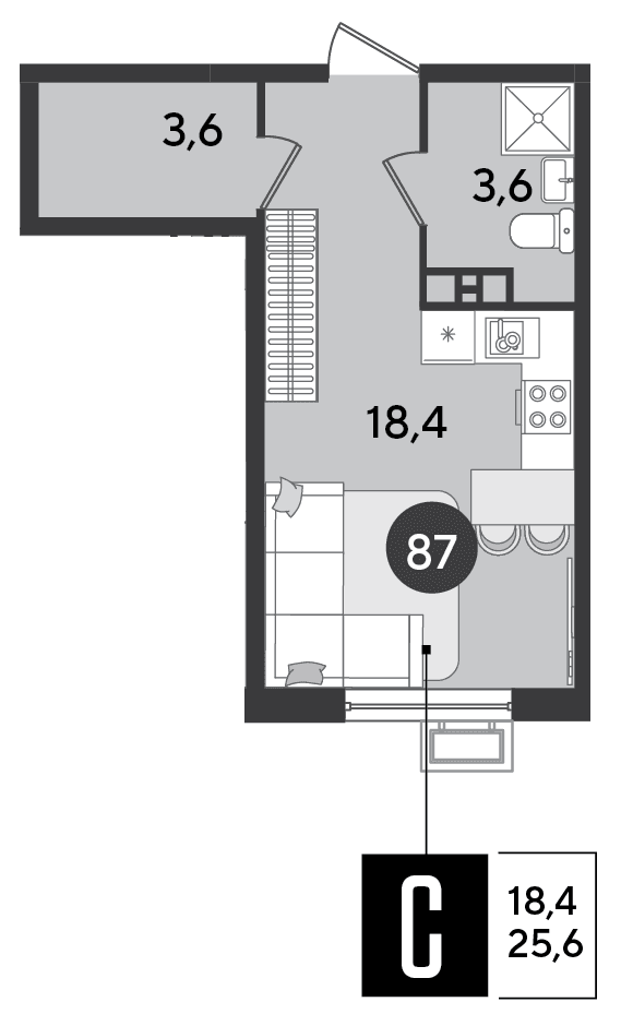 Студия, 25.6 м² · Парк Победы-2